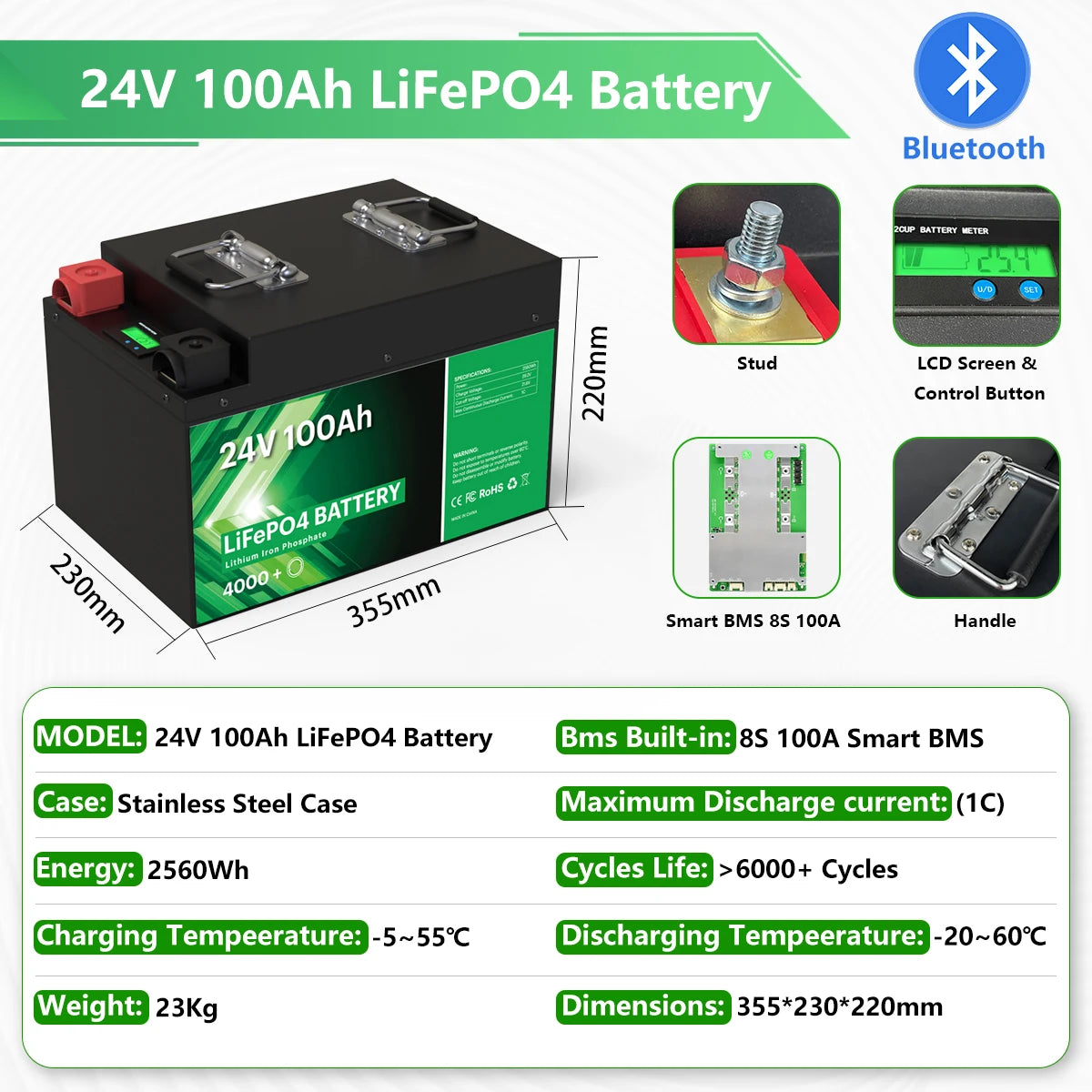24V 100Ah LiFePO4 Battery 2.56Kwh 6000+ Cycles Bluetooth Smart BMS 25.6V 200Ah 300Ah For Solar RV Marine Trolling Motor Off Grid