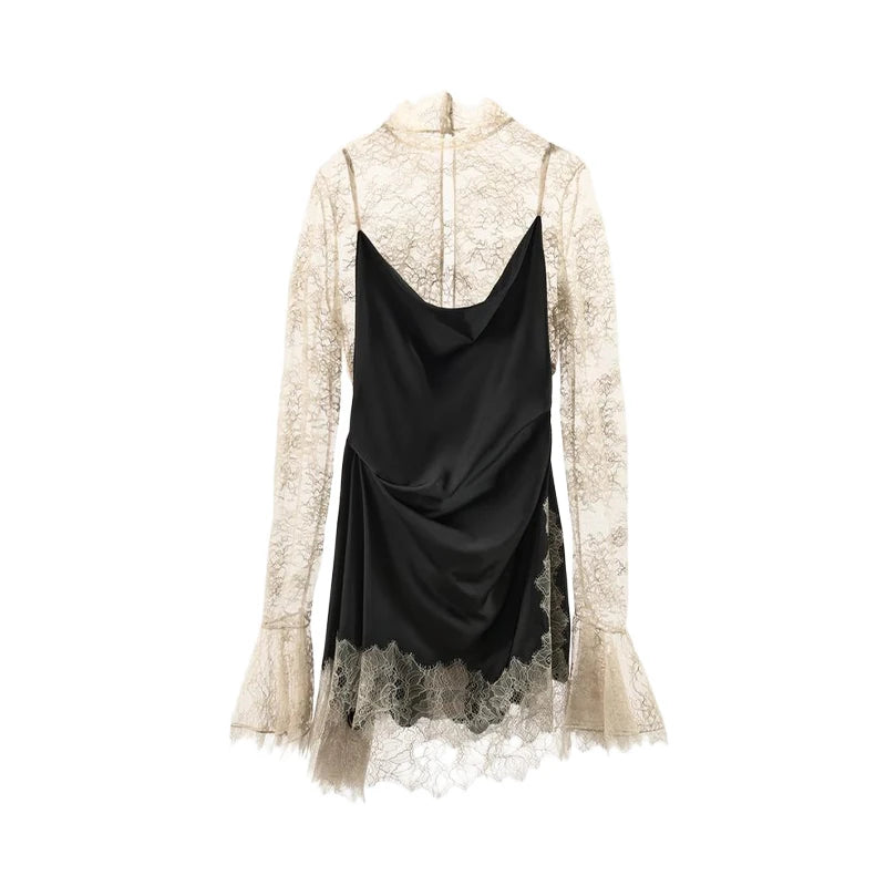 Elegant Lace Patchwork Satin Mini Dress For Women Chic Irregular Hem Long Sleeve Dresses 2026 Chic Lady Evening Party Vestidos