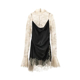 Elegant Lace Patchwork Satin Mini Dress For Women Chic Irregular Hem Long Sleeve Dresses 2026 Chic Lady Evening Party Vestidos