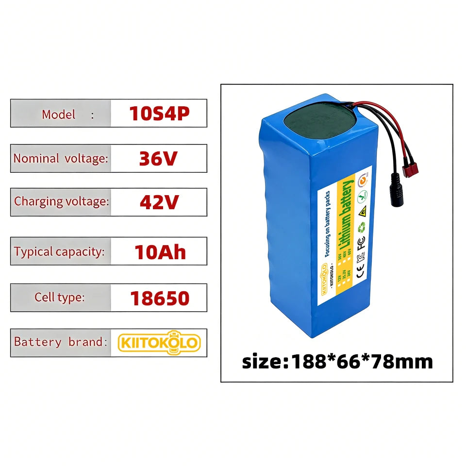 36V 10000mAh 10S4P Lithium Ion Battery Built-in BMS High Capacity Replacement Battery for 500W Electric Scooter E-Bike