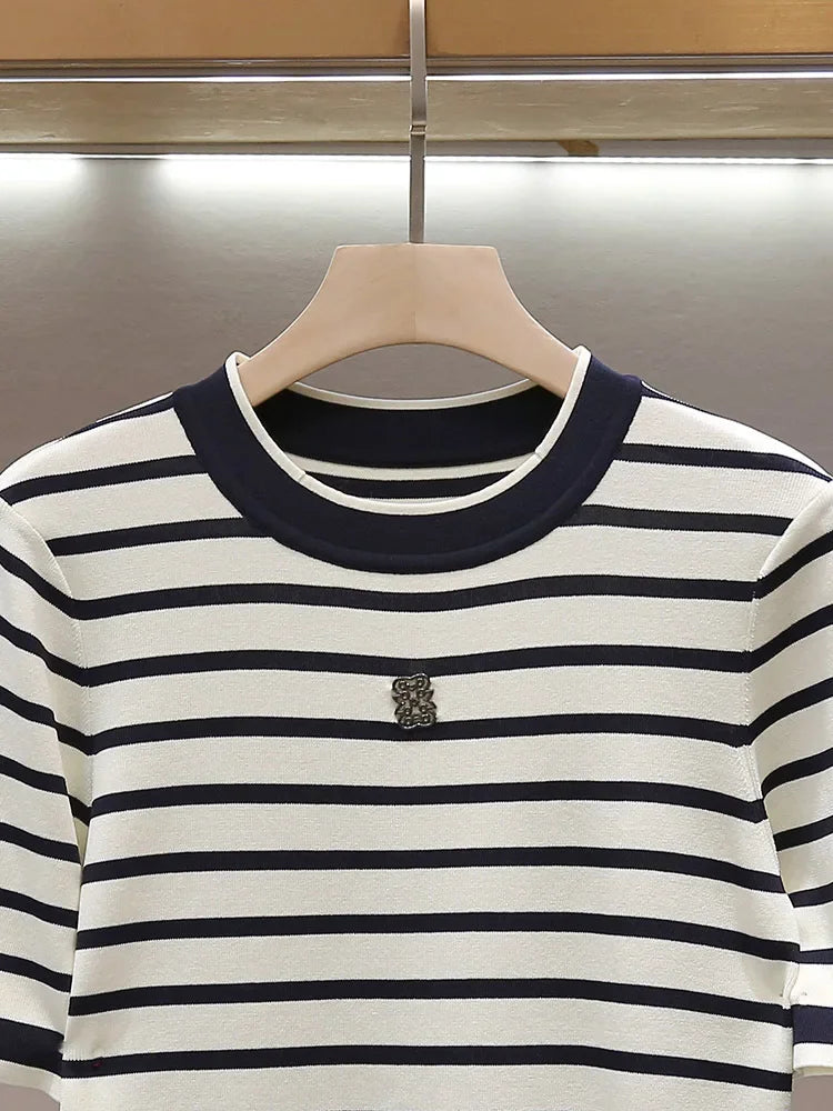 Summer New 2026 Women Short Sleeved Loose Round Neck Striped T-Shirt and Top Versatile