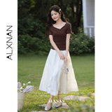 ALXNAN Black T-shirts 2026 Summer Cross V-neck Knit Short Sleeve T-shirt Women Elegant Casual Fashion Female Clothing L62865A