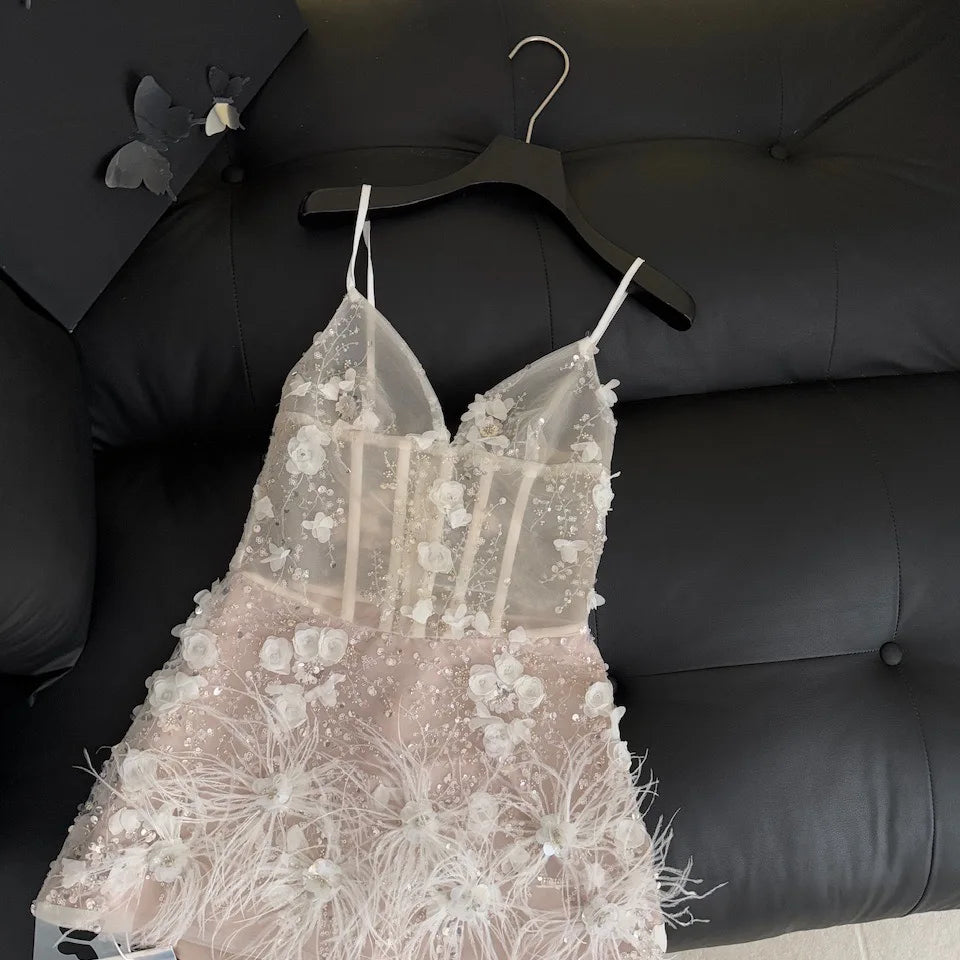 Women's Spring Summer Elegant Strap Feather Patchwork Sequined Mini Dress Lady Holiday Party Sexy Fishbone Waist Mini Dress