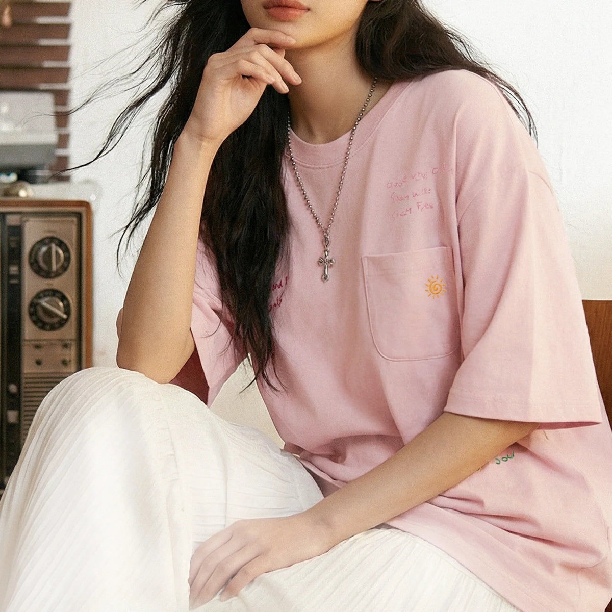 Maden Women's Casual Loose Embroidery T-Shirt Crew Neck Drop Shoulder Pocket Pink Mid Sleeve Soft Breathable Daily Summer Top