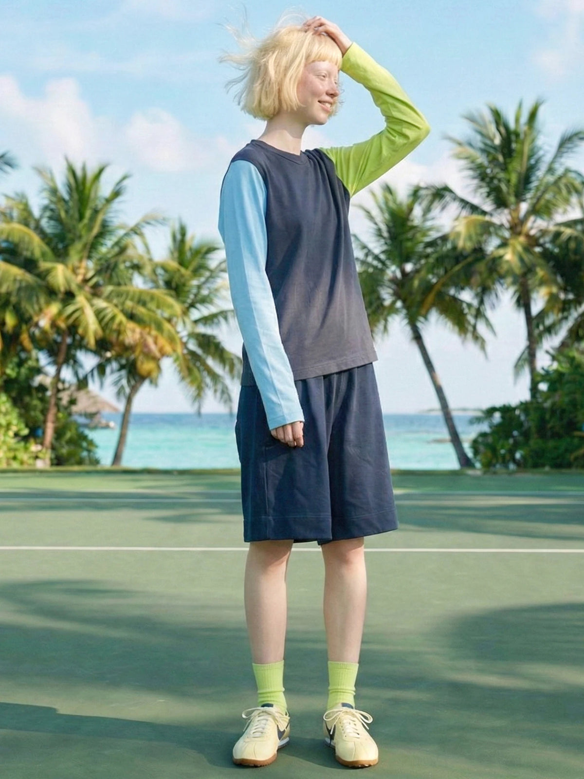 Trendy Color Block Raglan Sleeve T-Shirt Women Navy Blue Neon Green Casual Long Sleeve Crew Neck Top 265405