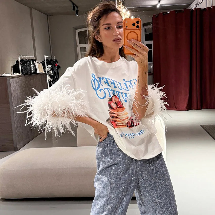 Women Fashion Feather Patchwork Printed T-shirt Casual Round Neck Half Sleeve Oversized Shirt 2026 Lady Summer Street T-shirts