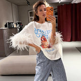 Women Fashion Feather Patchwork Printed T-shirt Casual Round Neck Half Sleeve Oversized Shirt 2026 Lady Summer Street T-shirts