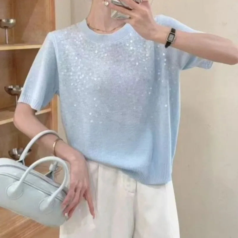 OCEANLOVE Knitted T-shirts Solid Sequins Thin Spring Summer Elegant T Shirt for Women Korean Fashion Loose Sweet Ropa De Mujer