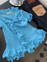 Women French Ruffled V-neck Knit Tops for 2026 Summer New Short Sleeve Slim T-shirt Female Solid Color Pullover T Shirts V27