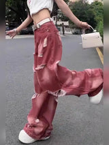 Women's Pink Y2k Ripped Cargo Jeans Harajuku Denim Trousers Aesthetic Y2k Jean Pants Vintage Japanese 2000s Style Trashy Clothes