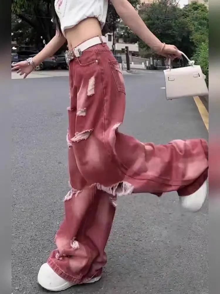 Women's Pink Y2k Ripped Cargo Jeans Harajuku Denim Trousers Aesthetic Y2k Jean Pants Vintage Japanese 2000s Style Trashy Clothes