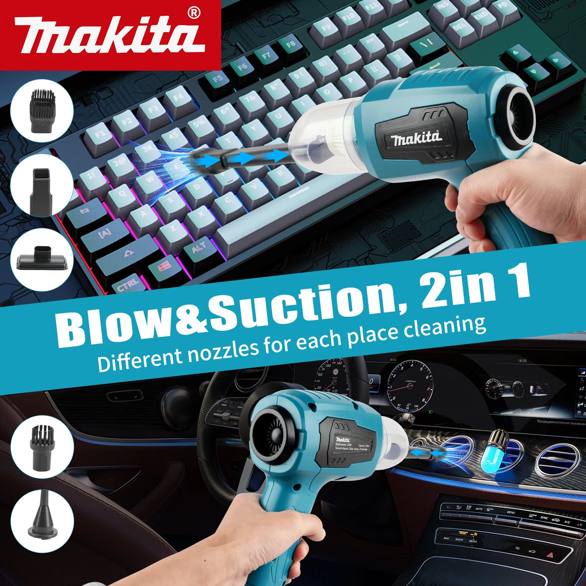 Makita Strong Suction Mini Electric Vacuum Cleaner Wireless Handheld Home Cleaner Blower With 7 Nozzeles for 18V Battery