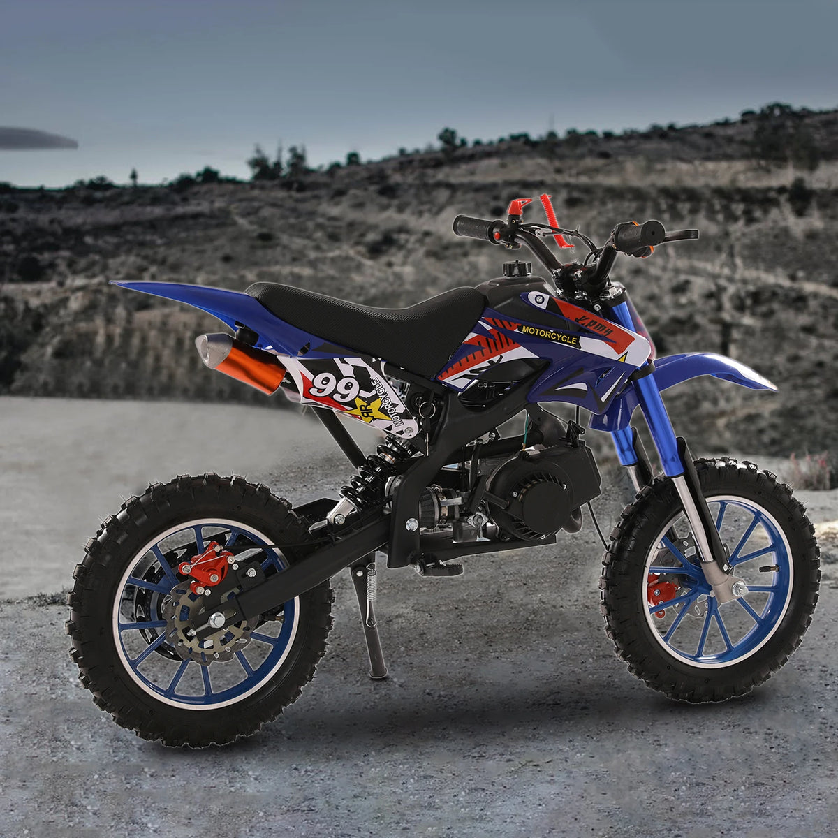 49cc 2-Stroke Dirt Bike, Gas Power Motocross, Off Road Mini Motorcycle with Front Rear Disc Brakes, Max Speed 40KM/H (Blue)