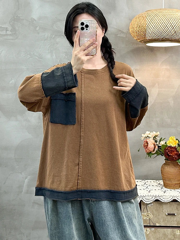 Amax LuluE 2025 Autumn Womens Korean Fashion T-shirts Loose Casual Patchwork Tops Ladies Classic Vintage O Neck Cotton Clothes