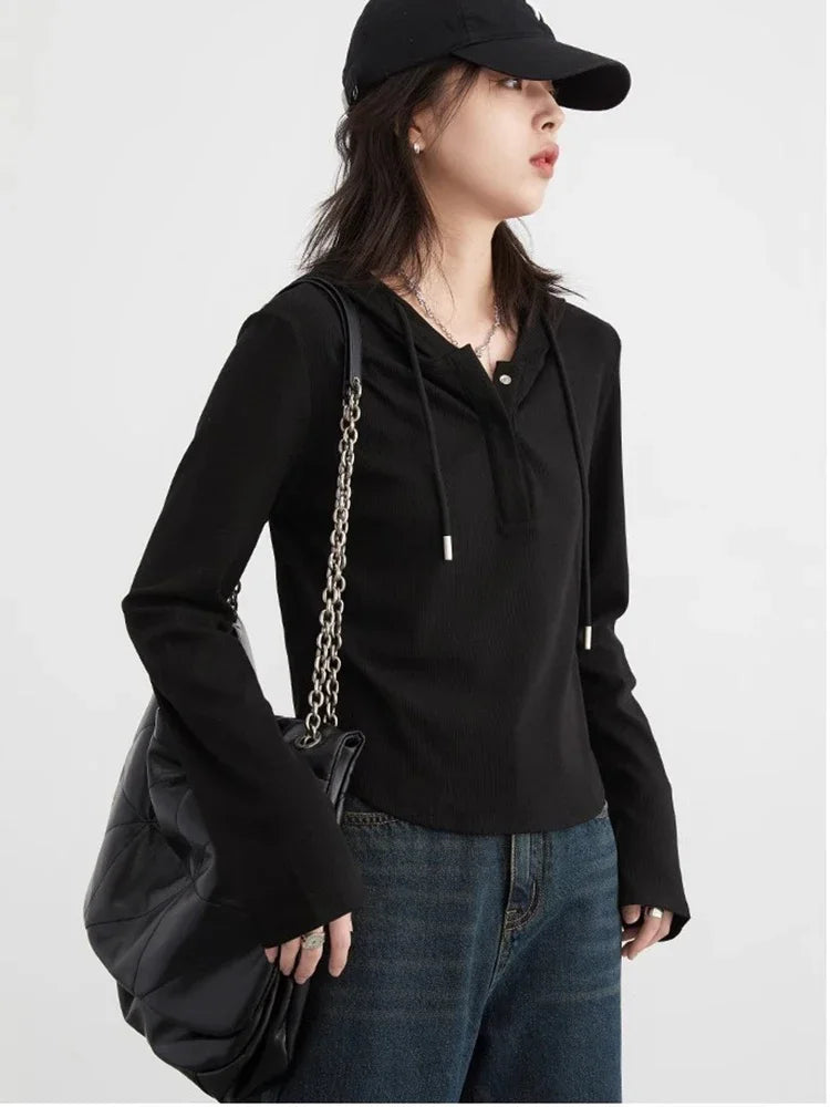 CHIC VEN Women T-Shirts New Casual Hooded Drawstring Layered Long Sleeved Slim Woman Knit Tees Female Tops Spring 2024