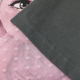 ELFSACK Fake 2 Piece T Shirt with Sweet Girl Print, Pink Sheer Sleeve Bow Tie Long Sleeve Casual Oversized Top