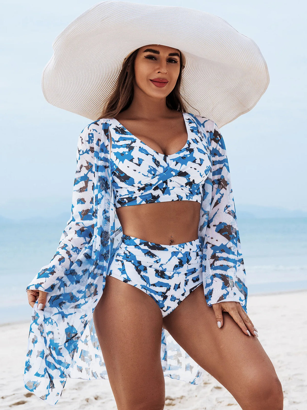 Women 3 Piece Bikini Set High Waist Swimsuit with Cover Up Push Up Padded Printing Swimwear Quick Dry Stretchy Bathing Suit