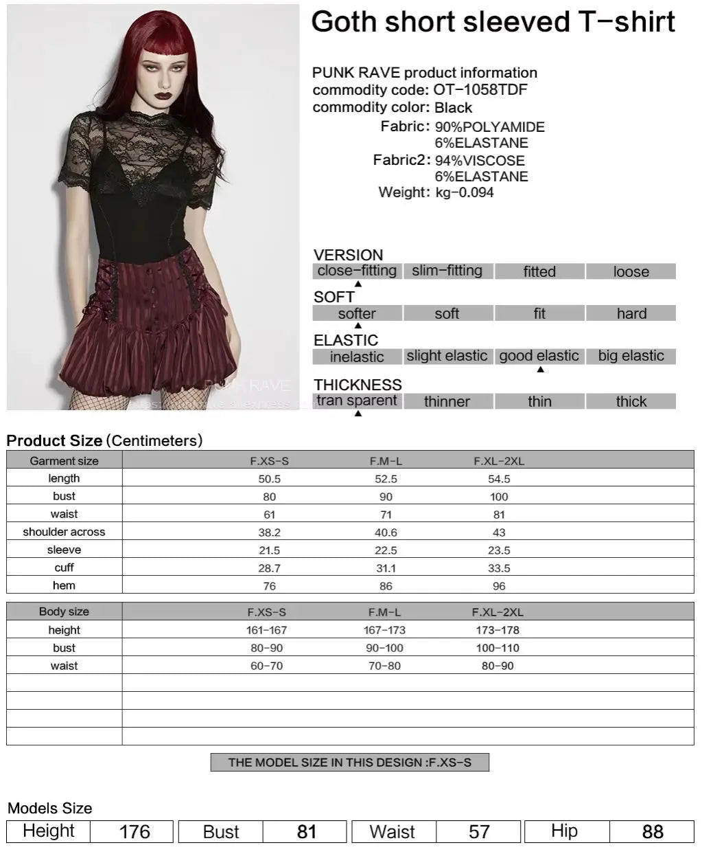 PUNK RAVE Women's Gothic Lace Knitted Elegant Texture Hazy Beauty Short Sleeved T-shirt 3d Small Decal Slim Sexy Tops Summer