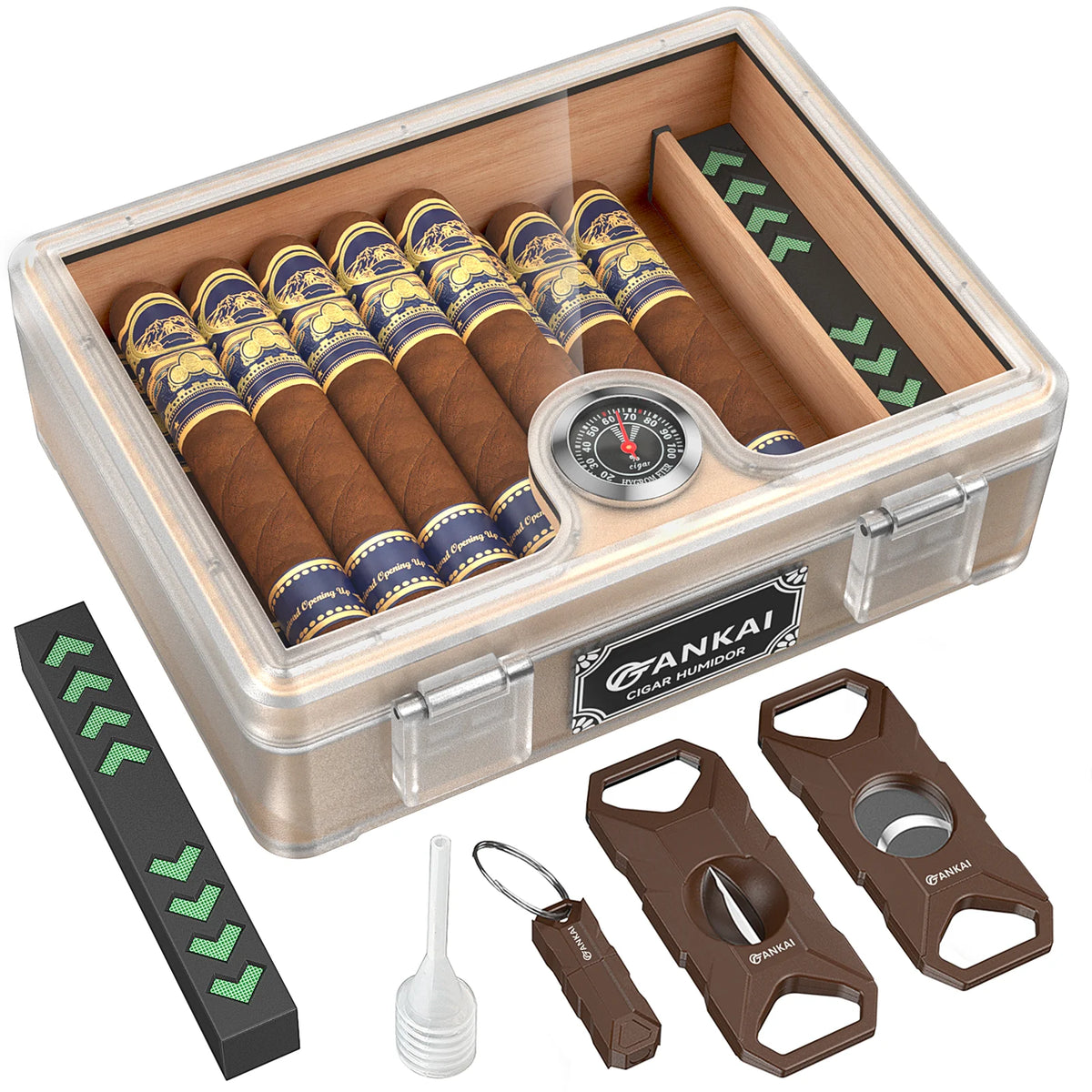 Humidor Cigar Box, with Straight Cutter Guillotine, V Cut, Puncher, Glass Top Case, Cedar Wood Lining, Humidifier Hygrometer