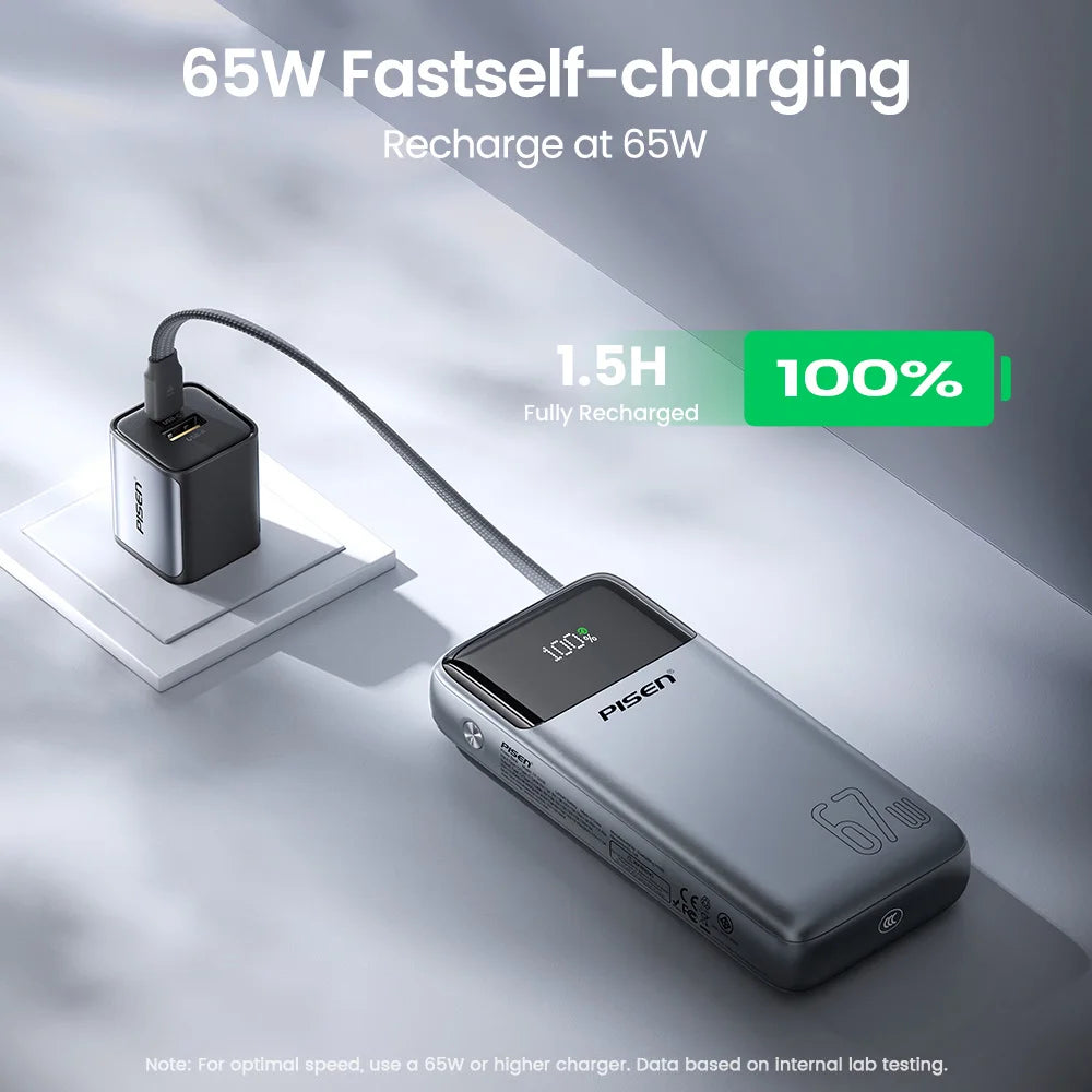 PISEN 20000mAh 67W Power Bank With Fast Charging Cable External Battery For 65W Laptops/ 45W Samsung Phones/ iPhone & iPad