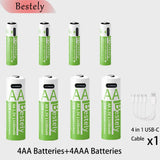 BaKKiter 1.5V AAA 6800mAh/ AA 13600mAh Rechargeable Lithium-ion Batteries Fast Charging Li-ion Battery 2000 Cycles /USB-C Cables