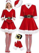 Women's Christmas Costume Set Santa Claus Outfit Velvet Dress With Striped Thigh-High Socks and Elf Hat