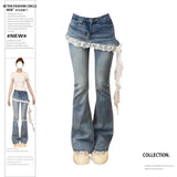 Fake Two Lace Splicing Flared Jeans for Women's Early Autumn 2025 New Style High Waist Denim Pants