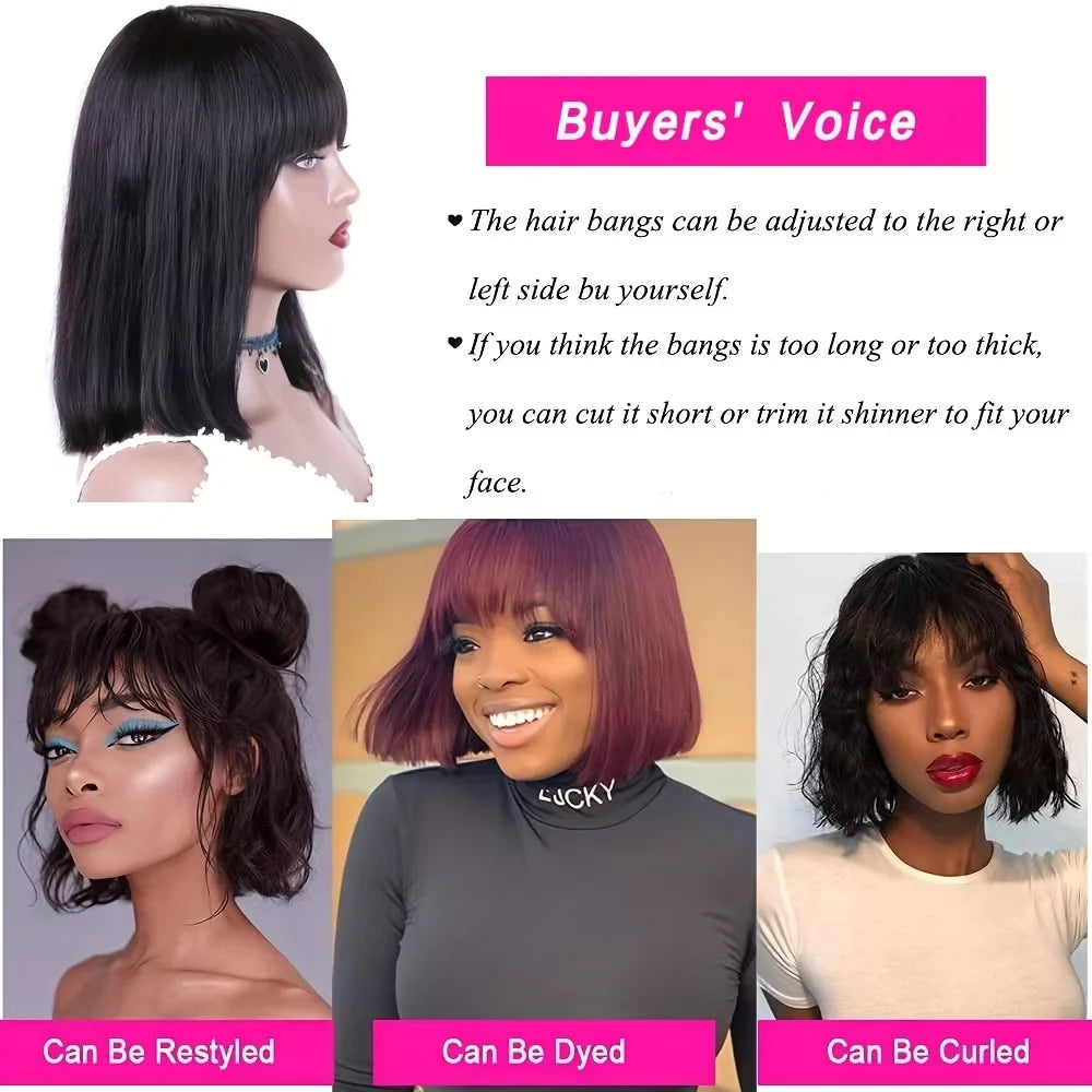 Short Straight Bob Wig Human Hair with Bangs 3x1 Lace Middle Part Full Machine Made Natural Black Wig for Black Women