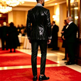 Men Black Sequin Blazer With White Embroidery Trim Slim Fit Peak Lapel Jacket Formal Wedding Groom Tuxedo For Party Prom