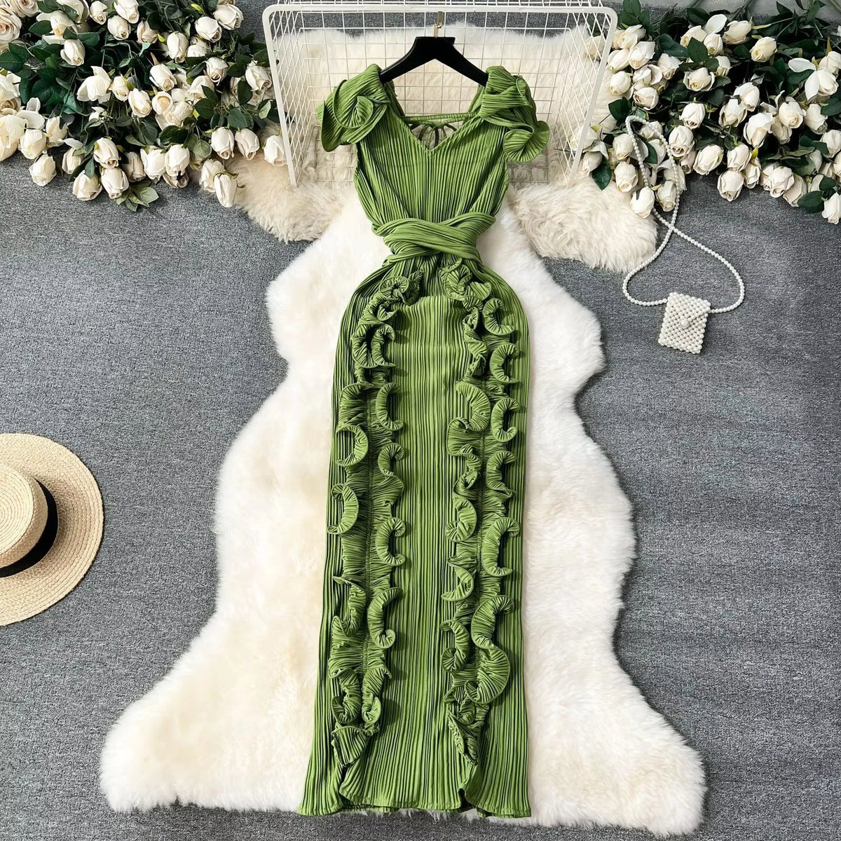 CM.YAYA Women Ruffles Splicing V-neck Sleeveless Bodycon Midi Pleated Maxi Long Dress 2025 Birthday Sexy Club Party Even Dresses