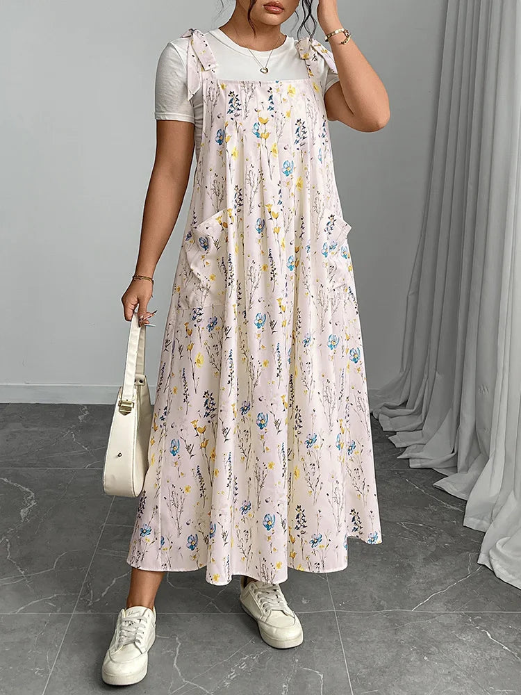 GIBSIE Plus Size Solid Tie Shoulder Overalls Dress For Women 2026 Summer Casual Loose Sleeveless Maxi Long Dresses with Pockets