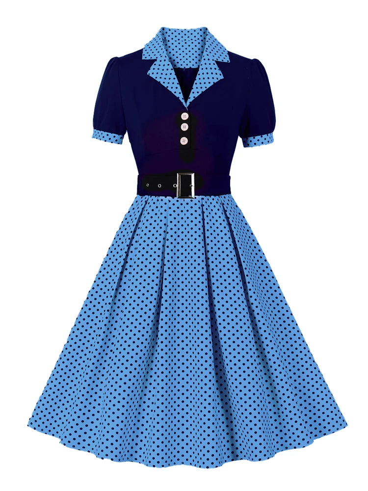 Tonval Black and Polka Dot Vintage Pleated Dresses Notched Collar 2025 Elegant Summer Women Short Sleeve Belted 50s Retro Dress
