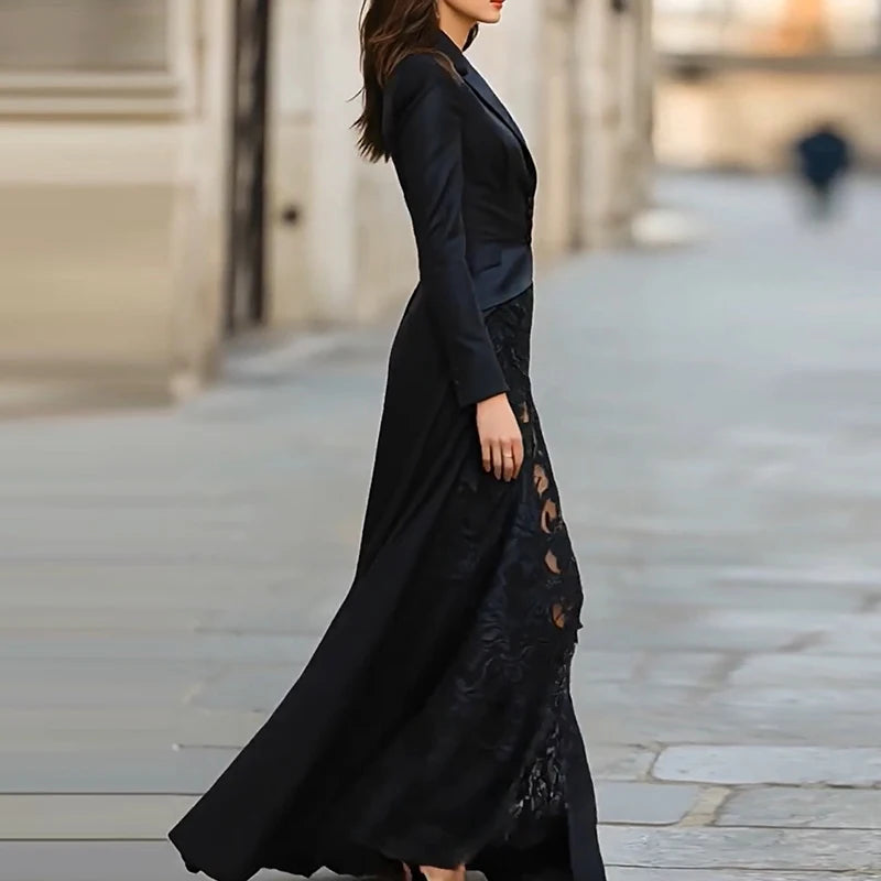 Casual Long Sleve Solid Slim Party Dress Winter Elegant Lace Patchwork Maxi Dresses Autumn Sexy V-neck Button Formal Long Dress