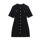 Spring 2025 Women's Slim Fit Long Black Knitted Midi Dress Fashionable Versatile Button Decorated Commute Ready City Style