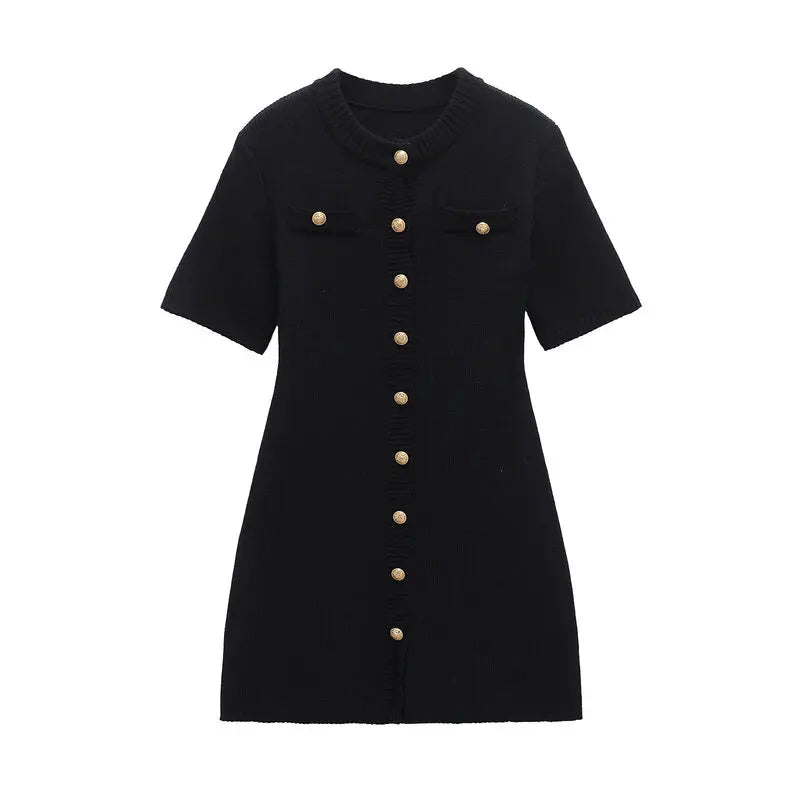 Spring 2025 Women's Slim Fit Long Black Knitted Midi Dress Fashionable Versatile Button Decorated Commute Ready City Style