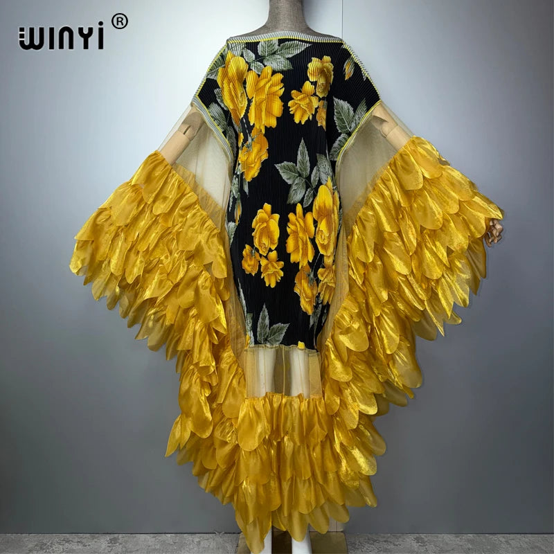 WINYI Summer Women's Casual Dresses Elastic Slim Pleated Dress Abaya Dubai Luxury Party Dress Muslim Woman Boho Evening Dress