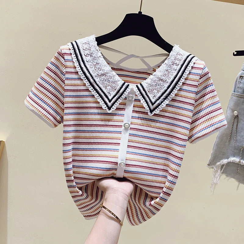 Summer New Chromatic Stripe Doll Collar Short Sleeve T-Shirt Female Small Sweet Wind Design Feeling Hollow Out Backless Coat