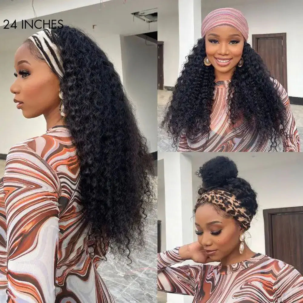 Headband Wigs Human Hair Deep Water Wave Human Hair Wigs 200% No Lace No Glue Machine Made Wig Beginner Friendly Curly Wigs