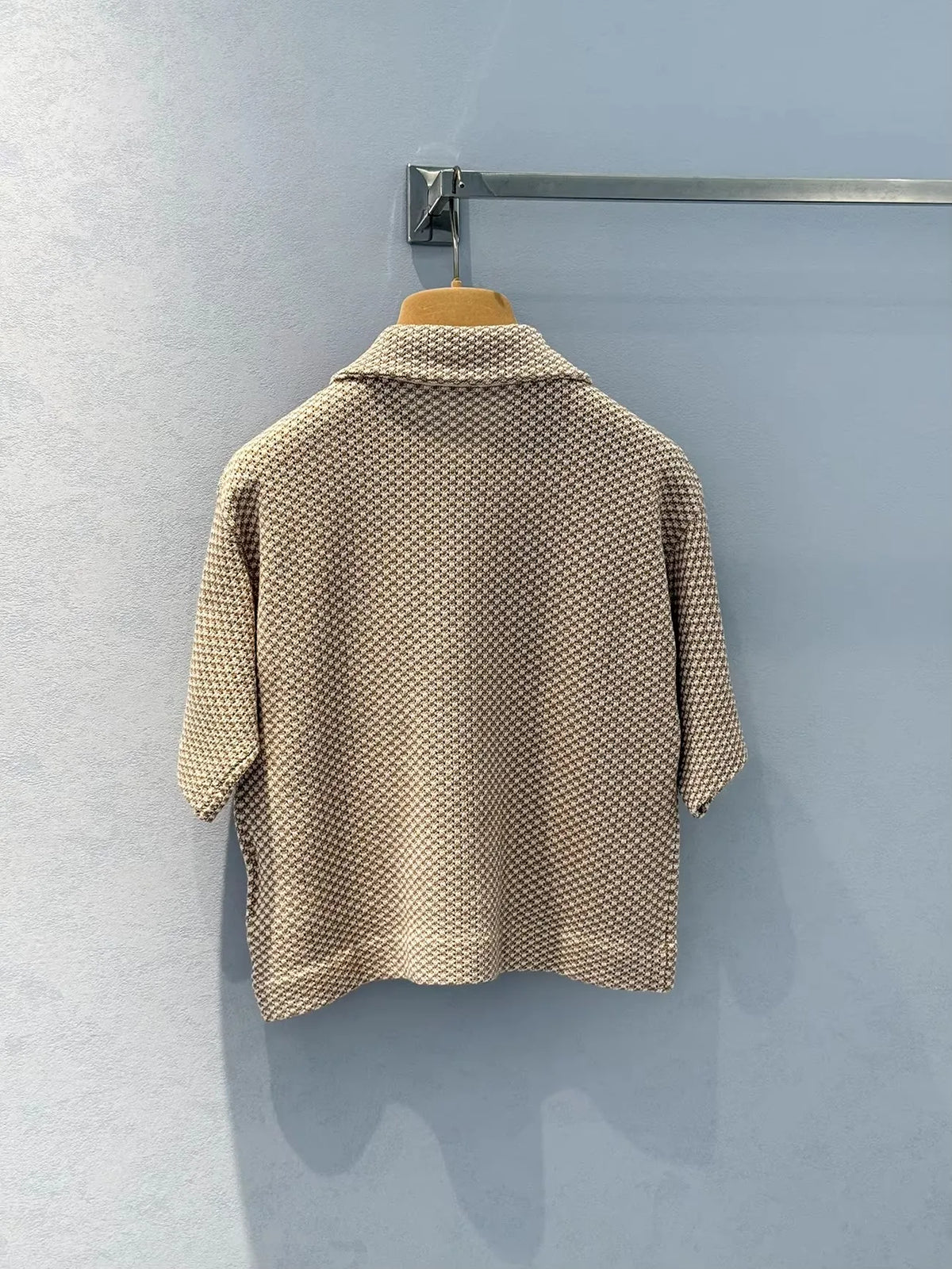 Women's Apricot Plaid Hollow Out Knit Polo Shirt For Woman Short Sleeve Lady 2026