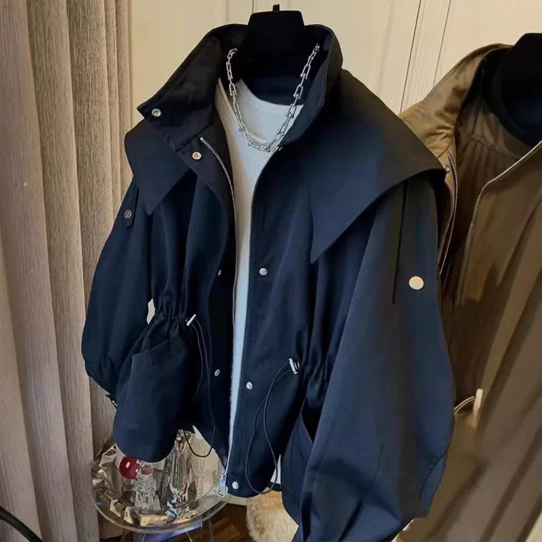 2026 Fall High-Neck Zip Jacket for Women, Loose Fit with Drawstring, Color-Block, Street-Style Trendy Coat
