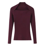 Women's Slim Fit Long Sleeve T-Shirt 2026 Summer New Style Multicolor Ribbed Square Collar Casual Cotton Thin Short Length