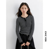 CHIC VEN Women T-Shirts New Contrast Color O Neck Slim Fit Striped Long Sleeved Knitted Tees Base Female Top Autumn Winter 2025