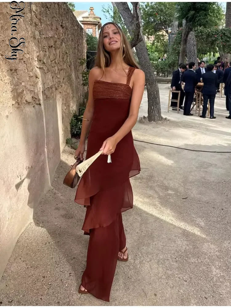 Brown Glitter Chiffon Tiered Maxi Dress Elegant One Shoulder Square Neck Flowy dresses 2026 Summer Formal Wedding Party gowns