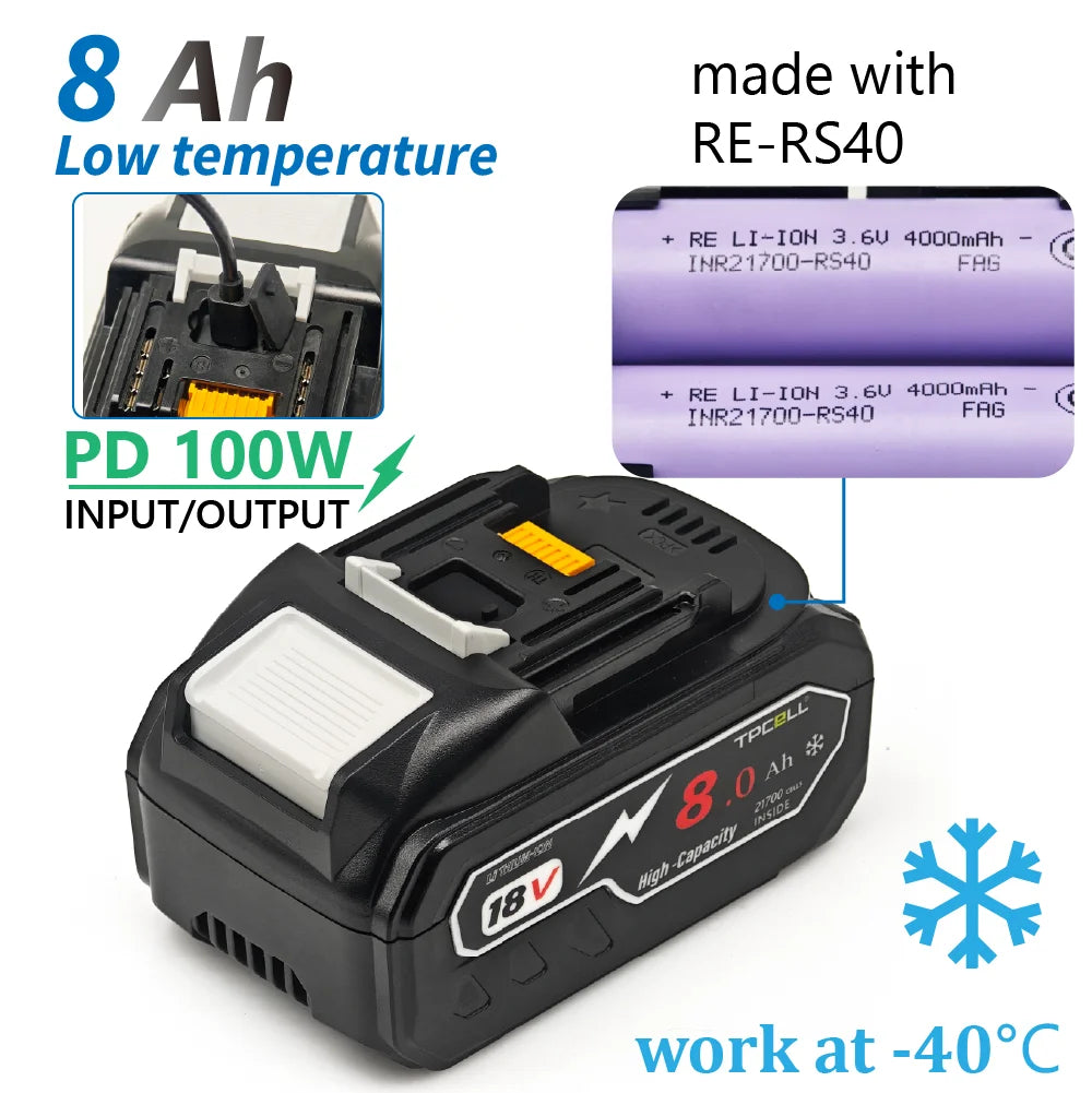 TPCELL PD100W 8Ah/10Ah For MAKITA 18V with USB-C Connector 21700 Tabless Cells Replacement Battery Power Tools Li-ion