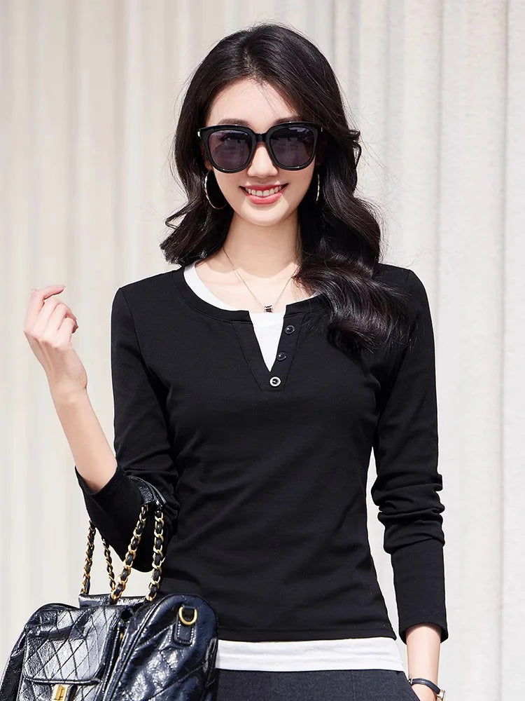 New Women Spring Summer Contrast Color T-shirt Fashion O-Neck Long Sleeve Patchwork T-shirt Casual Simplicity Slim T-shirt