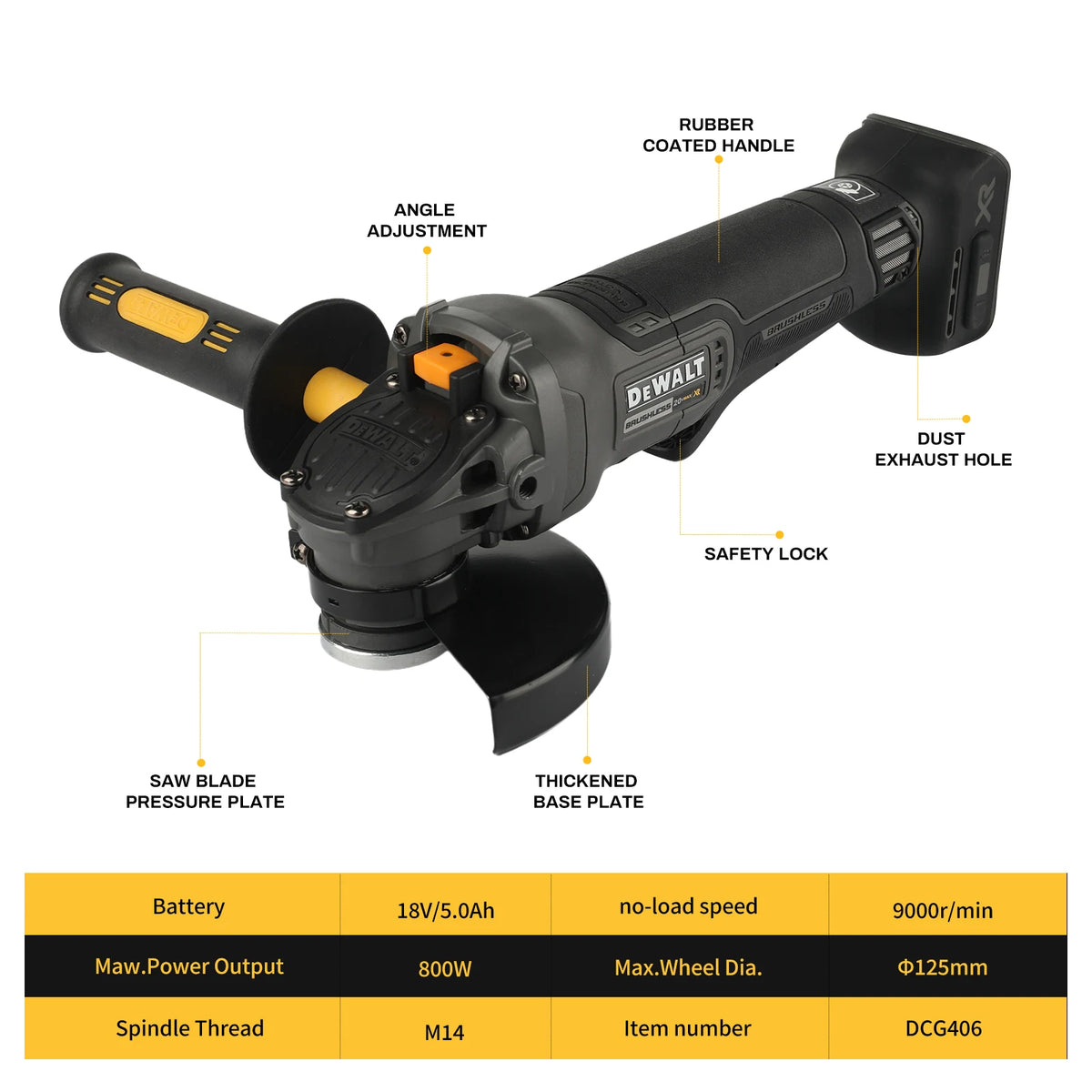 DEWALT 20V Cordless Angle Grinder 800W Power 125mm Wheel with Detachable Auxiliary Handle for Heavy Duty Industrial Jobs tools