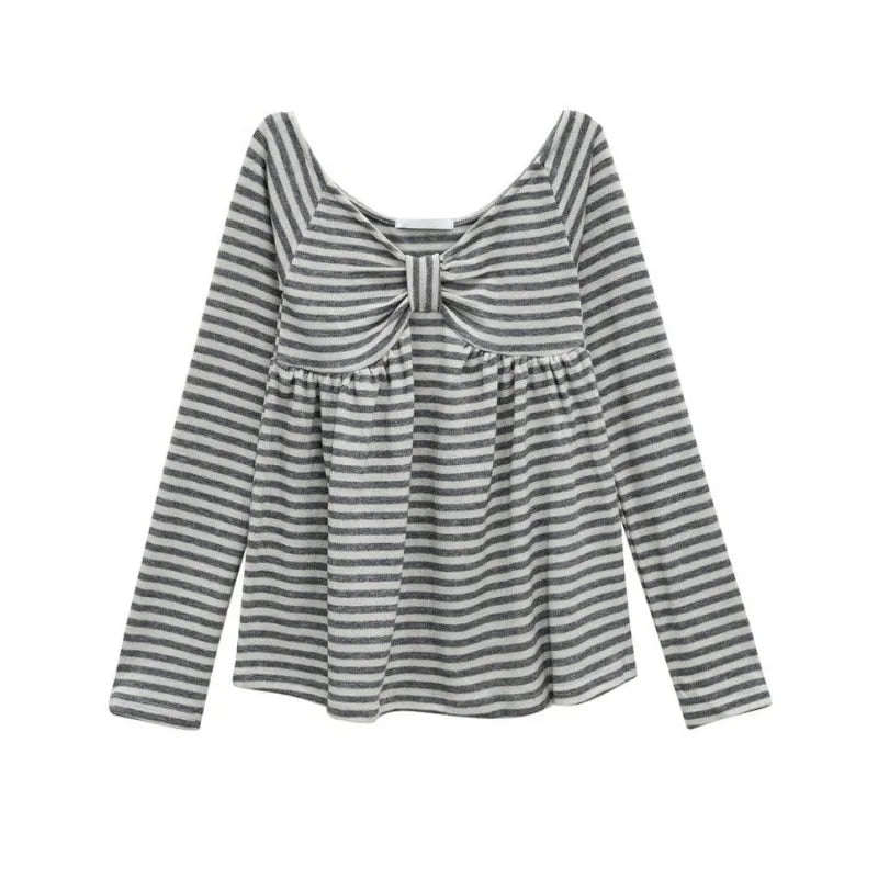 Korean Retro Bow Pleated Casual Long-sleeved T-shirt Women 2026 Spring New High Street Contrast Color Striped Tops