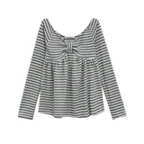 Korean Retro Bow Pleated Casual Long-sleeved T-shirt Women 2026 Spring New High Street Contrast Color Striped Tops