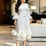 LANMREM Niche Women's Pleated Dress Fashion Solid Color Elegant Round Embellishments Patchwork Design Famale Clothing 2DB8043
