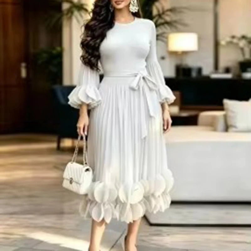LANMREM Niche Women's Pleated Dress Fashion Solid Color Elegant Round Embellishments Patchwork Design Famale Clothing 2DB8043